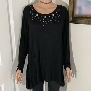 Perseption Concept Black Long Sleeve Dress Top With Ring Details - Size: L